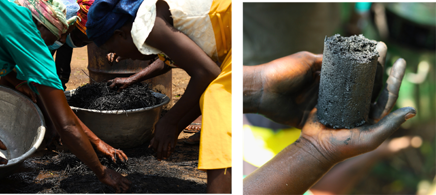 Two pictures, one showing charred grass in a bowl, the second is a person holding a briquette in their hands.