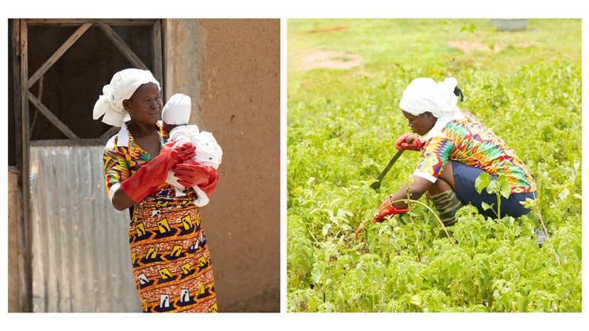 Two pictures showing Matilda standing with her baby and planting tree seedlings in a field